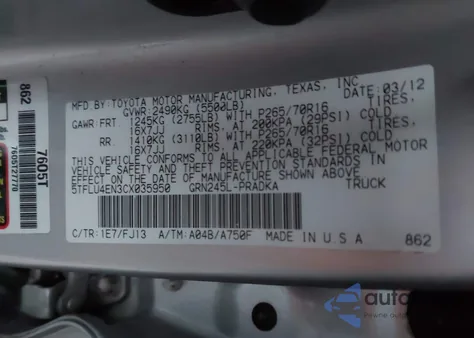 2012 Toyota Tacoma Base V6 from USA, damaged, VIN 5TFLU4EN3CX035950